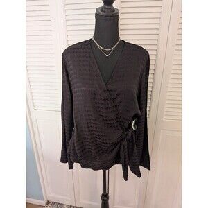 Nine West Blouse Women's XL Black Shimmer Houndstooth Holiday Wrap Top Shirt NEW